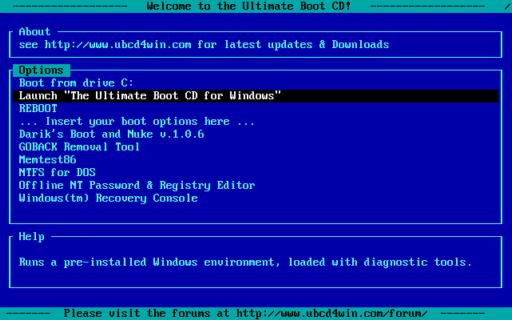 Menu startowe Ultimate Boot CD